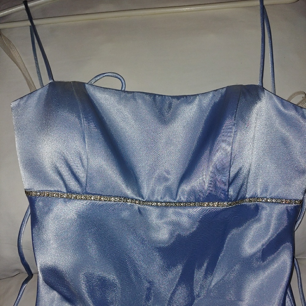 Baby blue open back prom dress with rhinestones
